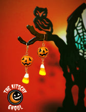Load image into Gallery viewer, Spooky Pumpkin Candy Corn Dangly Earrings