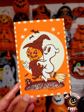 Load image into Gallery viewer, &quot;Pumpkin Witch &amp; Ghost&quot; August Art Postcard 4&quot;x6&quot;
