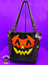Load image into Gallery viewer, "Bat Mask Jack" Handcrafted Pumpkin Tote Bag Purse

