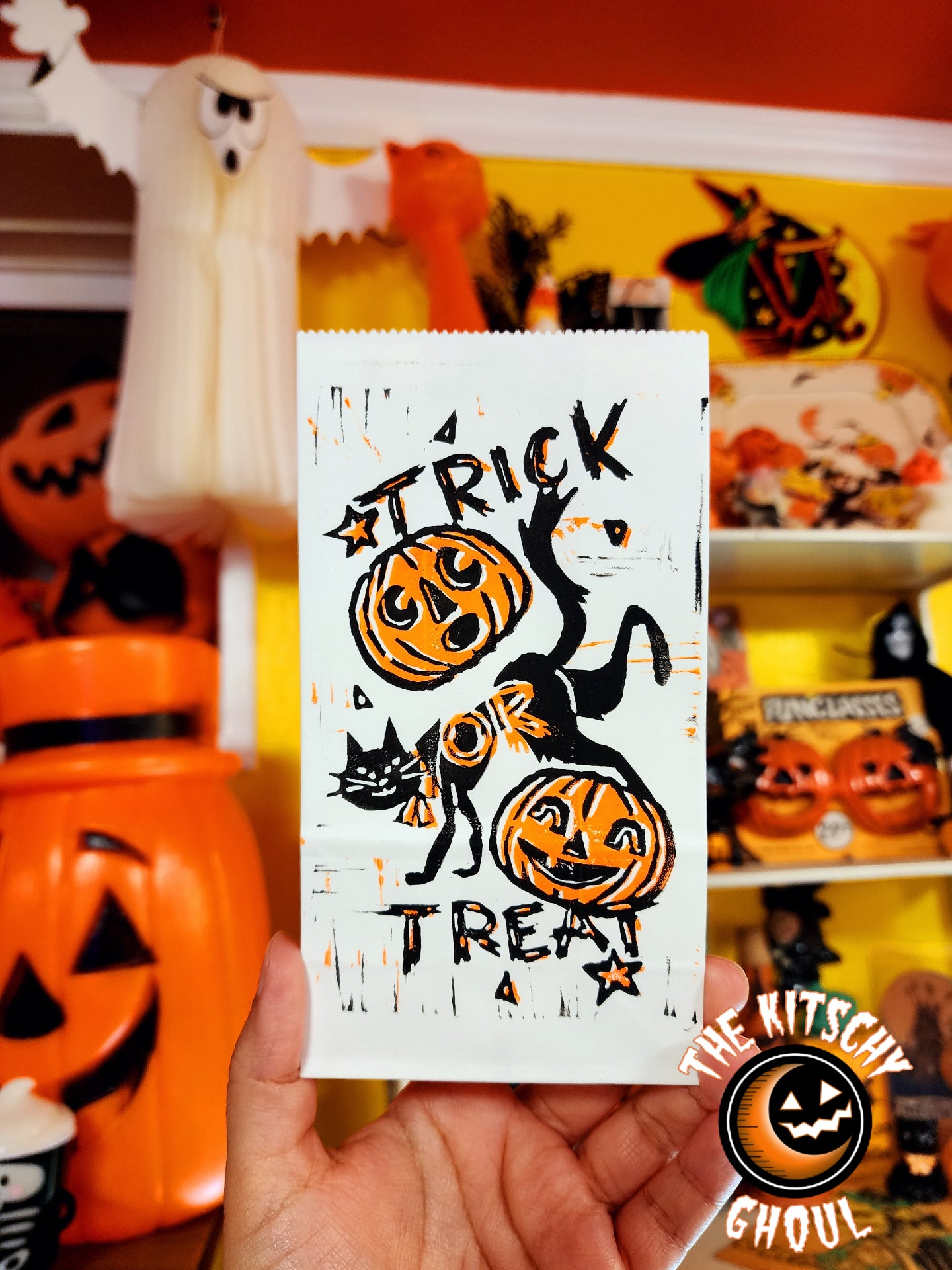 Block Printed Paper Treat Bag-- Two Color, Black Light Reactive.