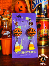 Load image into Gallery viewer, Spooky Pumpkin Candy Corn Dangly Earrings
