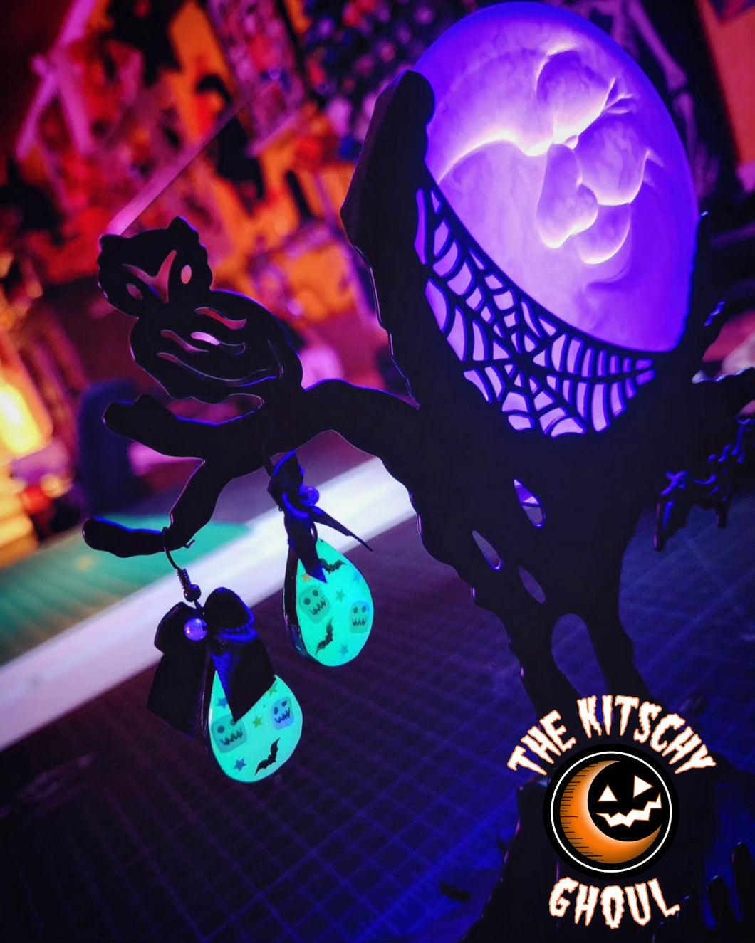 'Ecto-Drop' Ghost & Bat Glow In The Dark Resin Dangle Earrings