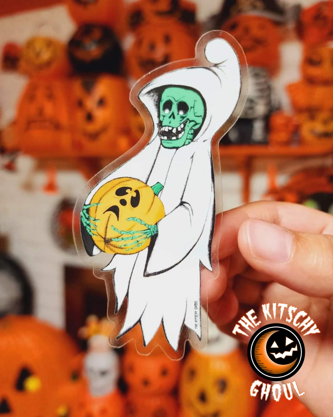 Green Ghoul, Pumpkin Friend: Vintage Inspired Clear Background Sticker
